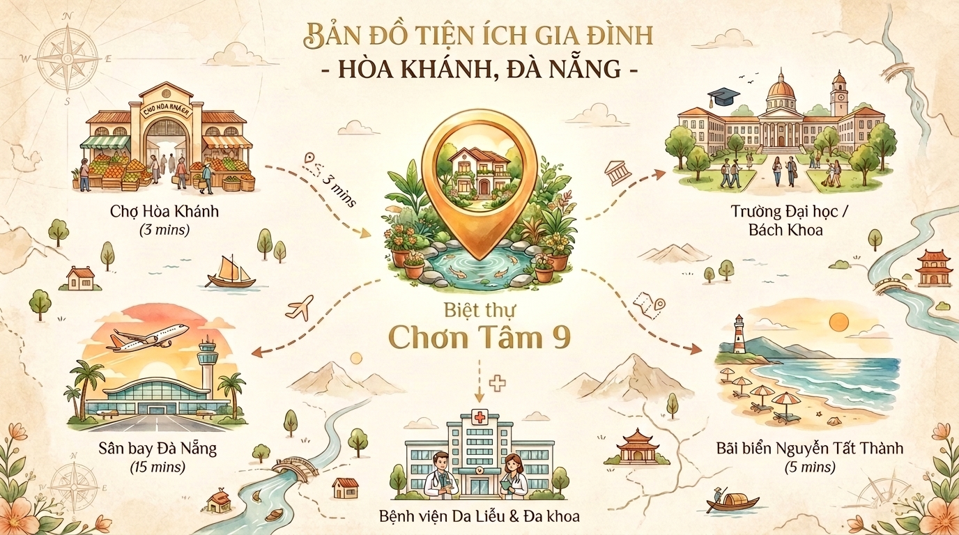 Bản đồ tiện ích gia đình quanh biệt thự Chơn Tâm 9, Hòa Khánh, Đà Nẵng